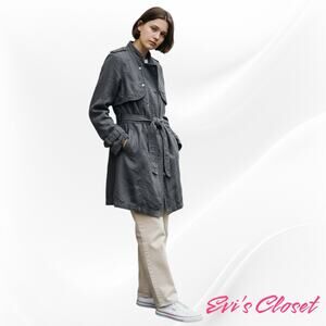 Free People Women's Grey Utility Military Trench Coat Style Sz 6 Linen Blend